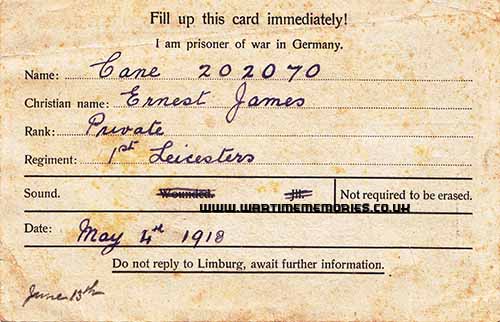 <p>POW card for Ernest Cane May 1918